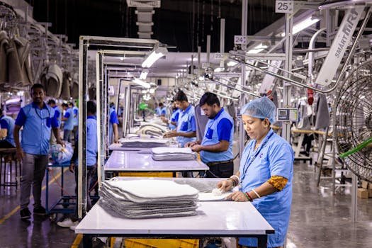 Blue-collar staff in a textile factory focusing on garment production and quality control.